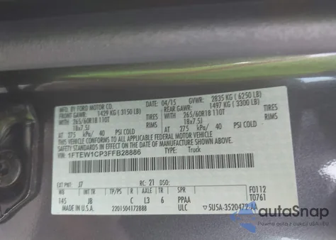 2015 Ford F-150 Xlt из США, поврежденный, VIN 1FTEW1CP3FFB28886